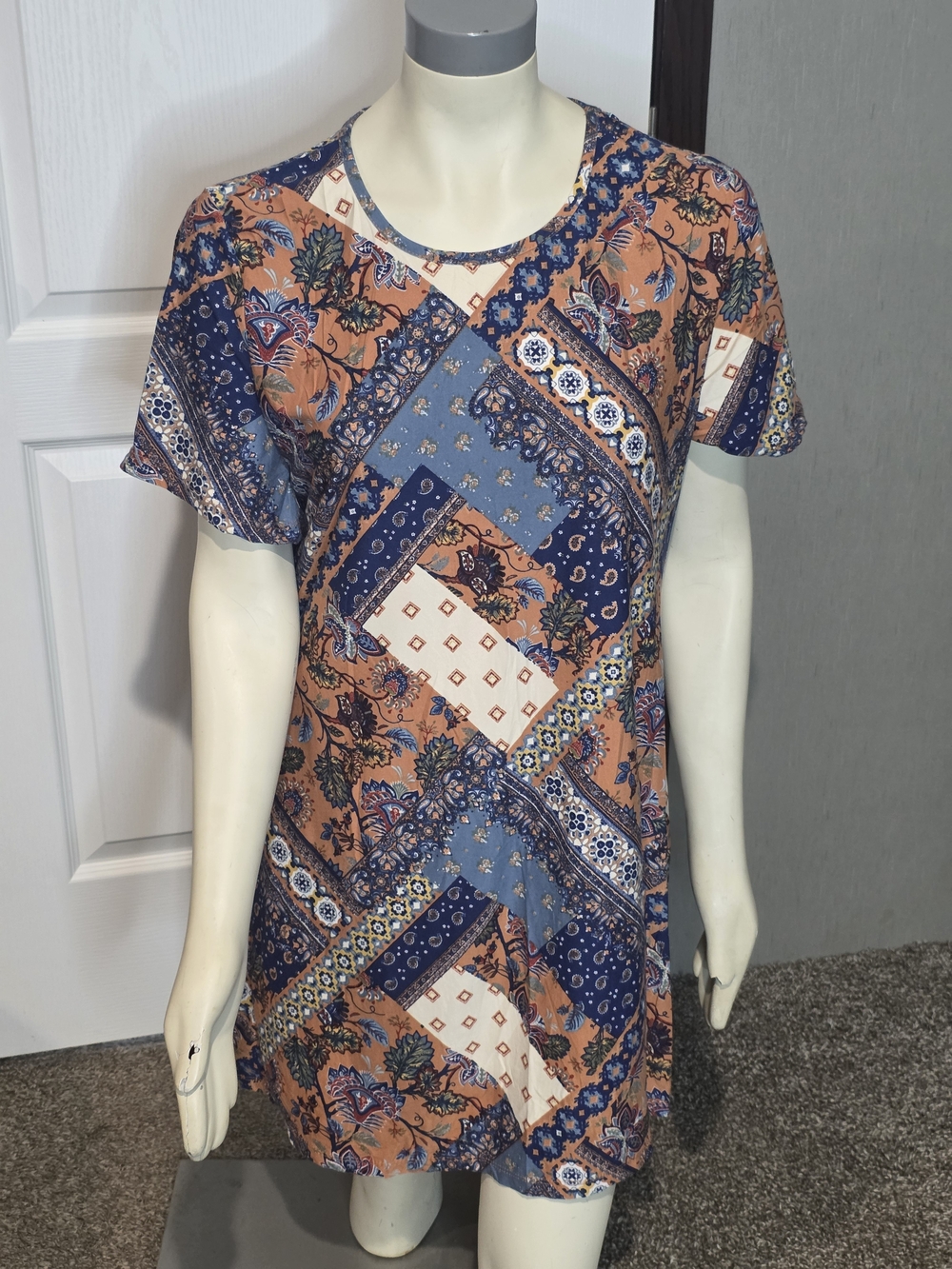 Bobbie Brooks Short Sleeve Patchwork Floral Tunic - Blue & Tan